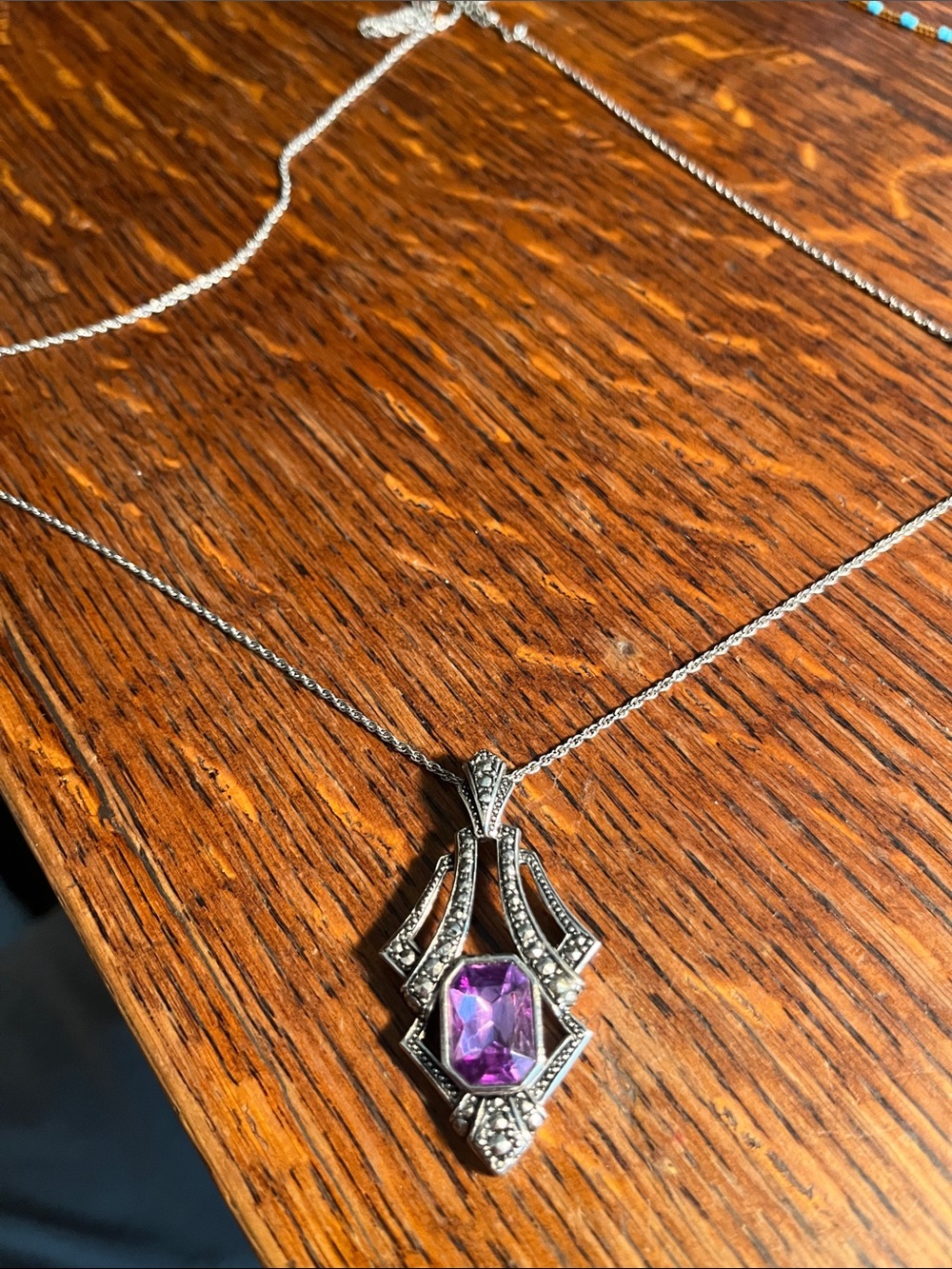 Sterling-Tone Necklace with Purple Gemstone Art Deco Pendant - 30”Women Jewelry